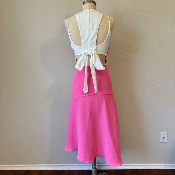 REISS Cheyenne Back-Cutout Midi Dress Bow Tie in Pink/White - Picture 11 of 16